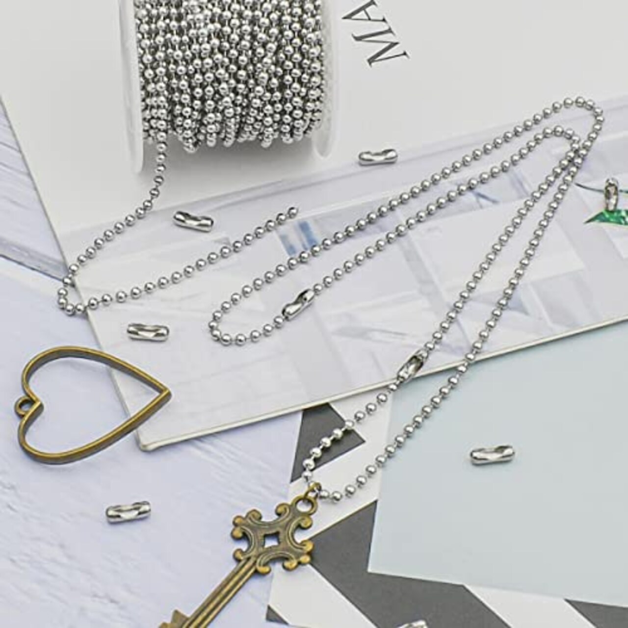 32.8 FT Stainless Steel Ball Beaded Chain Necklace Chains for Making Jewelry with 20 Pieces Matching Connectors Silver Color Metal Pull Chain Roll Spool Ball for Dog Tag DIY (2.4mm in Diameter)